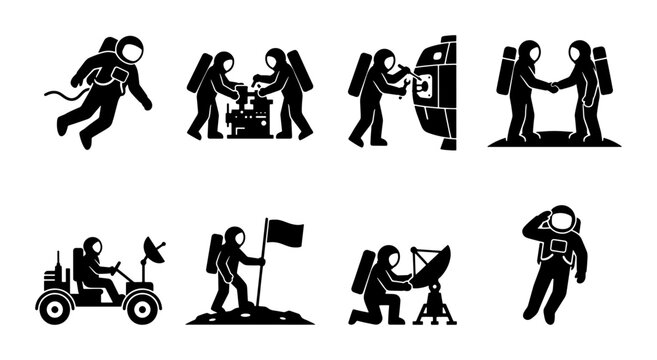 Astronaut space mission icon set, black silhouette cosmonaut characters in spacesuits, 8 vector pictograms of lunar exploration and galaxy travel