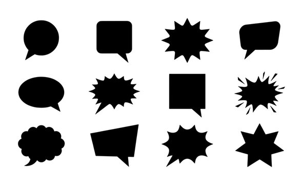 Black speech bubble silhouettes set, comic book chat clouds and dialogue boxes, 12 vector communication icons for social media and graphic design