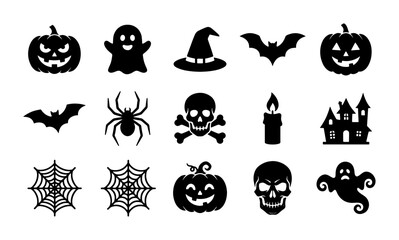 Obraz premium Halloween silhouette icons set, spooky holiday vector collection with 15 black symbols, pumpkin ghost and skull graphic elements for party decor