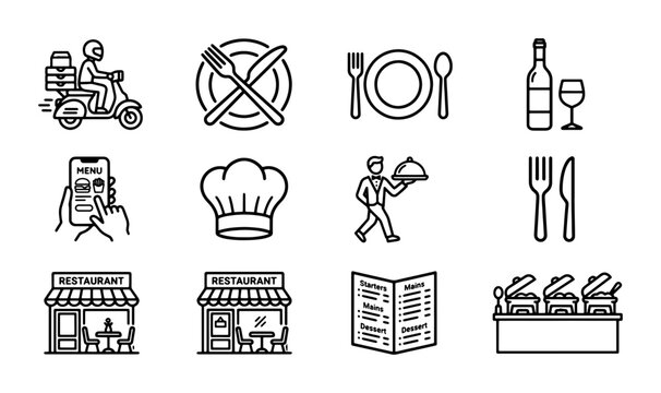 Restaurant and food delivery line icons set, 12 professional dining and catering vector symbols, minimalist cafe and bistro service graphics for menu design