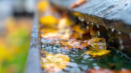 Naklejka premium Rainwater collects with fallen leaves on a metal surface during autumn