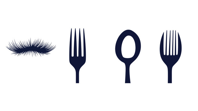 A white background with abstract illustrations of eyelashes, fork, spoon, and fork