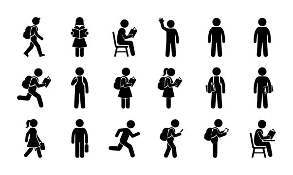 School student stick figure icon set, 18 black silhouette children avatars, pupils with backpacks reading and walking, education vector collection