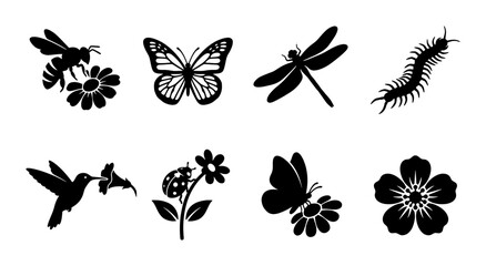Black insect silhouette collection, set of 8 nature icons including butterfly and bee, garden wildlife vector graphics for logo design and branding © Rebeka