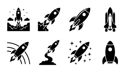 Rocket ship icon set, black solid space shuttle silhouettes, 8 vector spaceship launch symbols for startup business and technology projects © Rebeka