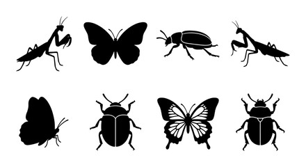 Black insect silhouettes collection, set of 8 vector bug icons including butterfly and praying mantis, minimalist nature wildlife graphics for biology education © Rebeka