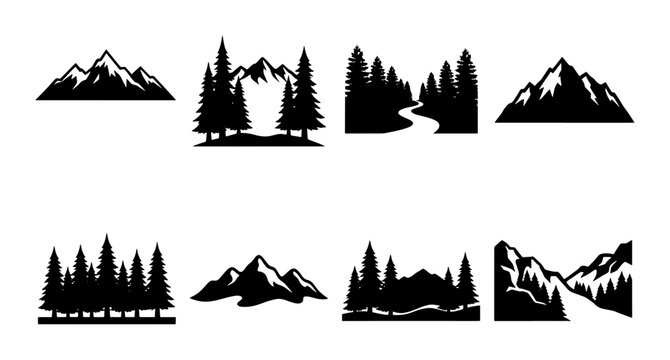 Minimalist mountain landscape icons, black silhouette pine forest and peak collection, 8 nature vector elements for outdoor adventure branding