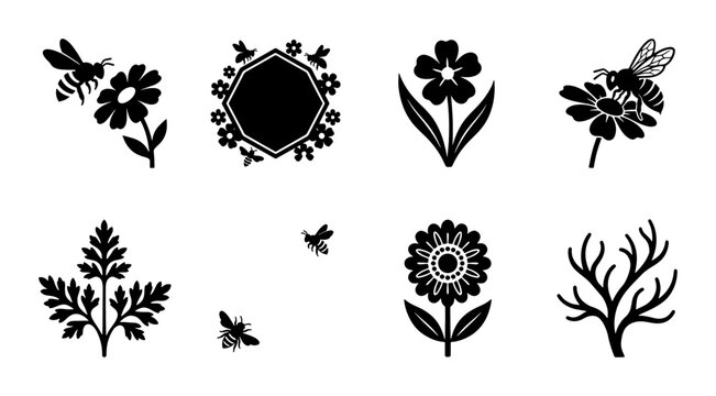 Minimalist honey bee and floral icon set, black silhouette garden nature elements, 8 vector illustrations of bees and flowers for organic branding