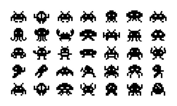 Retro pixel art alien invaders collection, 35 vintage 8-bit video game monster icons, black arcade enemy sprites on white background vector