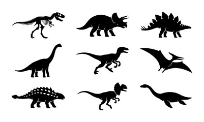 Dinosaur silhouette collection with 9 prehistoric animal icons, black extinct reptile vector set, jurassic creature graphics for educational design © Faria