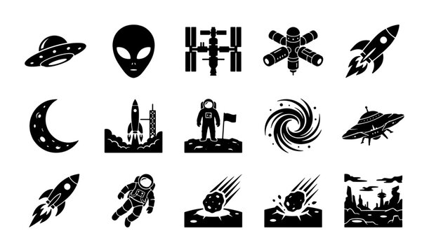 Outer space icons set, 15 black silhouette astronomy symbols, astronaut and rocket ship vector collection, galaxy and alien ufo illustrations