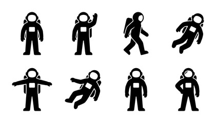 Astronaut icon set in minimalist black silhouette style, 8 space explorer vector pictograms, cosmonaut character poses for science and technology design © Faria