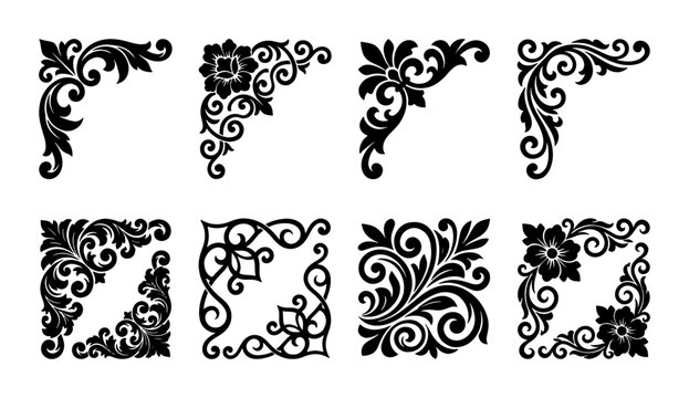 Vintage floral corner borders set, 8 black damask decorative frames, ornate baroque scrollwork vector elements for wedding invitations and stationery