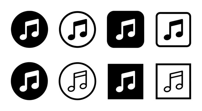 Minimalist music note icon set, black and white musical eighth note symbols, 8 vector audio buttons for web and app interface design