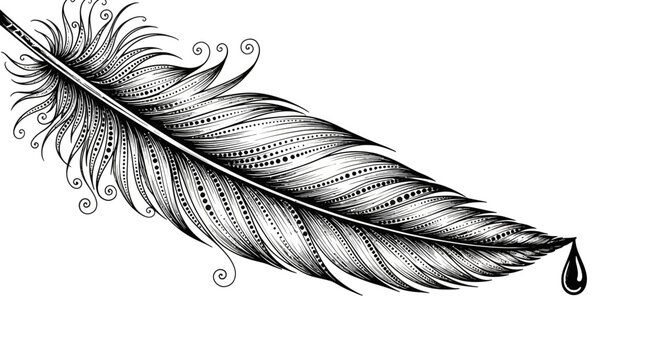Intricate black and white feather illustration with ink drop detail on white backdrop