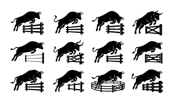 Bull jumping over fence silhouettes, 12 cattle jumping icons set, black bull leaping over farm gate vector illustrations, livestock ranching graphics