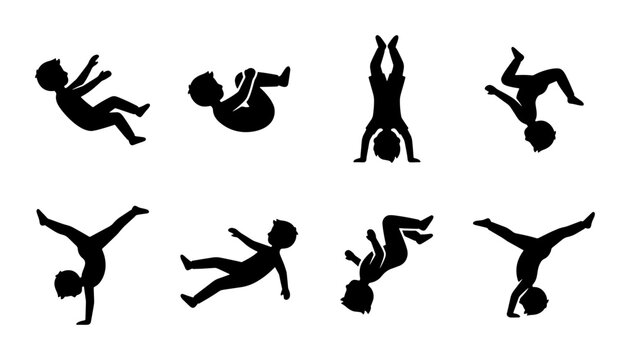Active boy silhouettes set, collection of 8 child jumping and tumbling vector icons, young kid performing somersaults and handstands