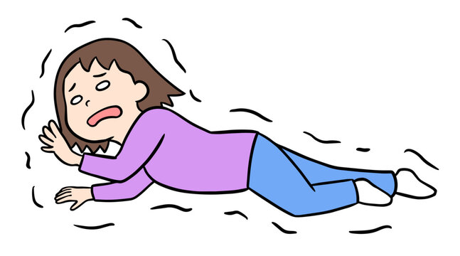 倒れ込みながらもフラフラと必死に立ち上がろうとするコミカルな女性のイラスト