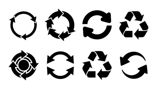 Recycle symbol icon set, black circular arrow signs for waste management, 8 eco-friendly recycling vector elements for sustainable packaging design