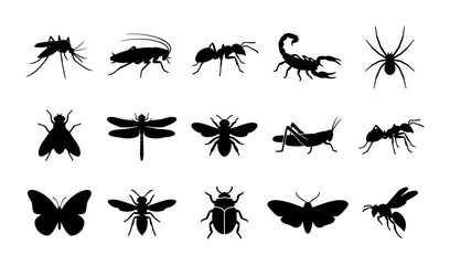 Black insect silhouettes collection, set of 15 bug icons including spider and butterfly, pest control and entomology vector elements on white background © Kawsar