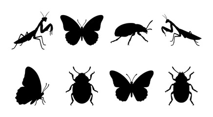 Black insect silhouette collection, set of 8 bug vector icons, butterfly and praying mantis silhouettes, beetle and ladybug shapes for nature design © Kawsar