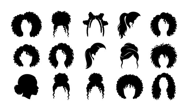 Black hair silhouette collection, 15 curly and afro hairstyle icons, natural hair texture vector set, female hair fashion silhouettes for beauty branding