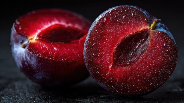 Close up of freshly cut plums displaying rich red and purple hues