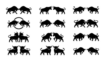 Naklejka premium Fighting bull silhouettes set, black buffalo charging icons collection, 12 pairs of aggressive bull logo elements for sports and branding