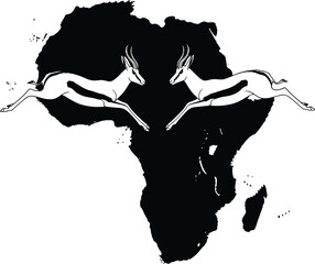 Africa continent silhouette illustration, gazelle wildlife artwork, biodiversity heritage design concept, black and white geographic vector template set © MDMORSALIN