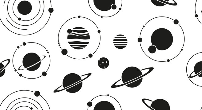 Stylized planets and orbits against a white background