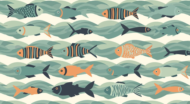 A seamless pattern of stylized fish swimming through green waves