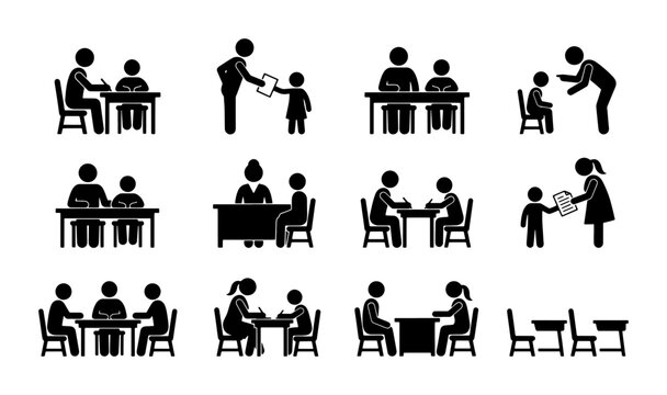 Classroom education stick figure icon set, teacher and student learning at school desks, black silhouette people symbols for academic study