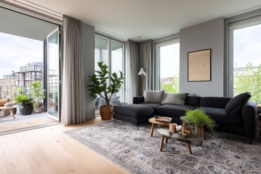 Modern living room with a black sectional, wooden tables, and a balcony entrance
