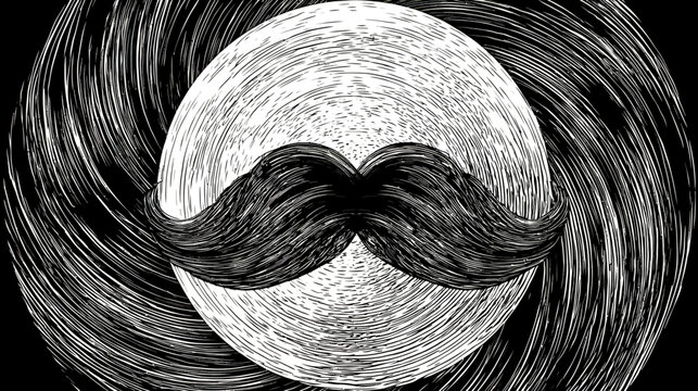 Abstract art depicts a mustache over a circular pattern, rendered in black and white