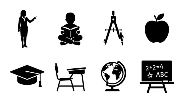 Education and school icon set, black silhouette vector symbols of learning, 8 academic elements for classroom teaching and university graduation