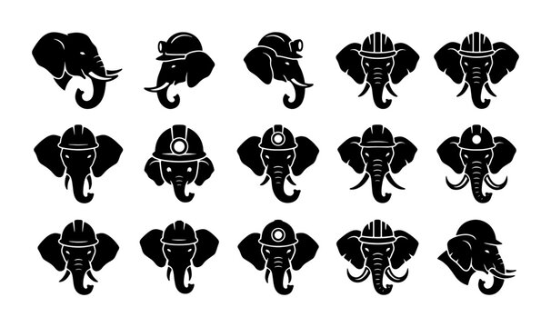 Industrial elephant head mascot collection, 15 black vector icons of elephants wearing construction hard hats and mining helmets for labor logos