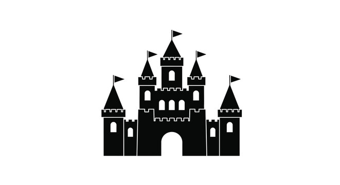 A striking black castle illustration with multiple towers and flags silhouette