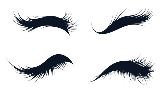 Four stylized eye illustrations with dark blue eyelashes on a white background, representing beauty