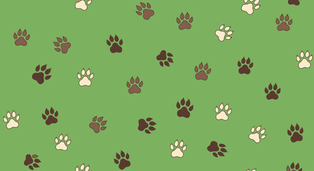 Scattered paw prints in brown and cream on a solid green background © Sendal
