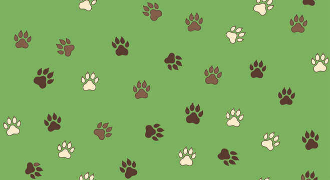 Scattered paw prints in brown and cream on a solid green background