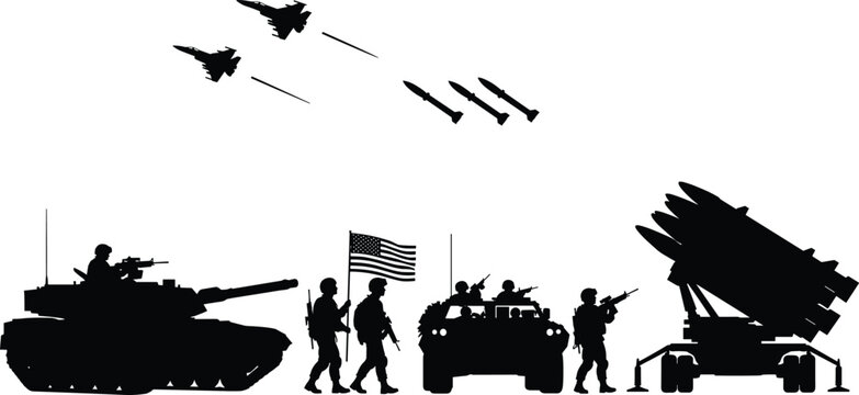 American military forces silhouette illustration with jets soldiers tank armored vehicle missile launcher, defense artwork, black and white vector template set