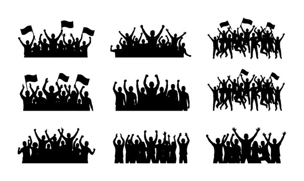 Cheering crowd silhouettes set, sports fans with flags and raised hands, concert audience and protest group vector collection
