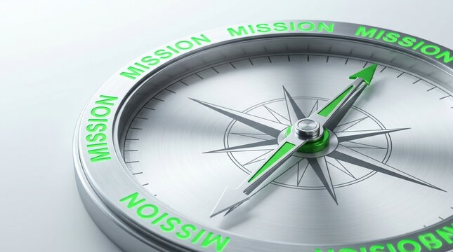 Silver compass with green needle pointing to the word mission representing corporate strategy and business vision.