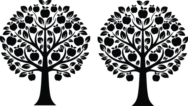 Apple tree silhouette illustration, botanical fruit artwork, orchard nature design concept, black and white vector template set