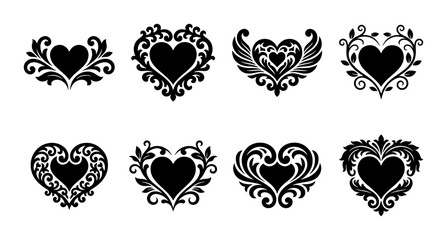 Vintage ornamental heart silhouettes, set of 8 decorative filigree heart icons, black floral damask heart vectors for wedding invitations and romantic branding © Ety
