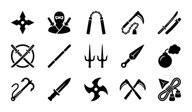Ninja weapon icons set, black silhouette shinobi equipment collection, 15 martial arts combat tools vector, traditional japanese assassin gear