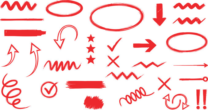 Collection of red hand drawn arrows lines and scribbles for annotations and visual communication