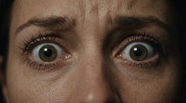Extreme close up of wide terrified eyes with dilated pupils