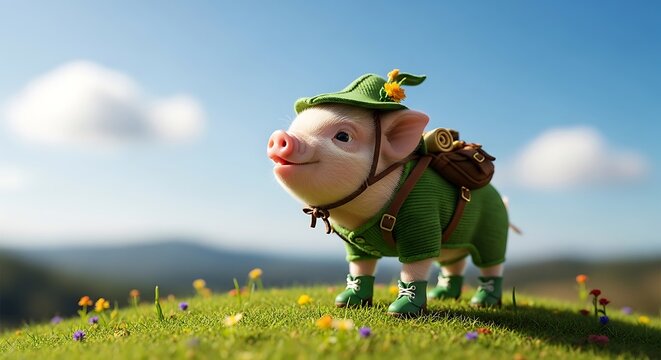 Pig in green outfit standing.