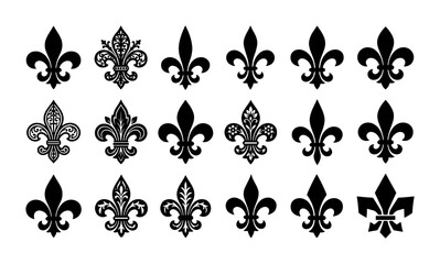 Vintage fleur de lis vector set, 18 decorative heraldic lily icons, black royal lily symbols for luxury branding and classic crest design © Raju